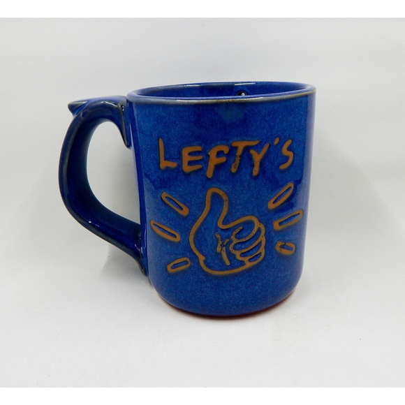 Lefty's Coffee Mug Cup Blue Glazed Pottery Thumb's Up Hazardous Warning - Picture 1 of 8